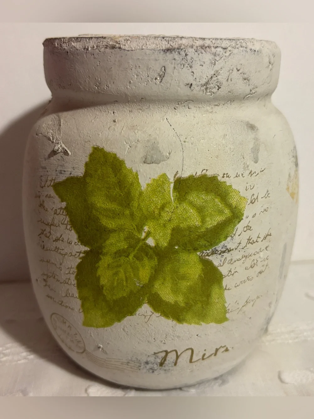 Distressed White Ceramic Mint Herb Jar Vase Farmhouse Cottagecore Shabby Chic